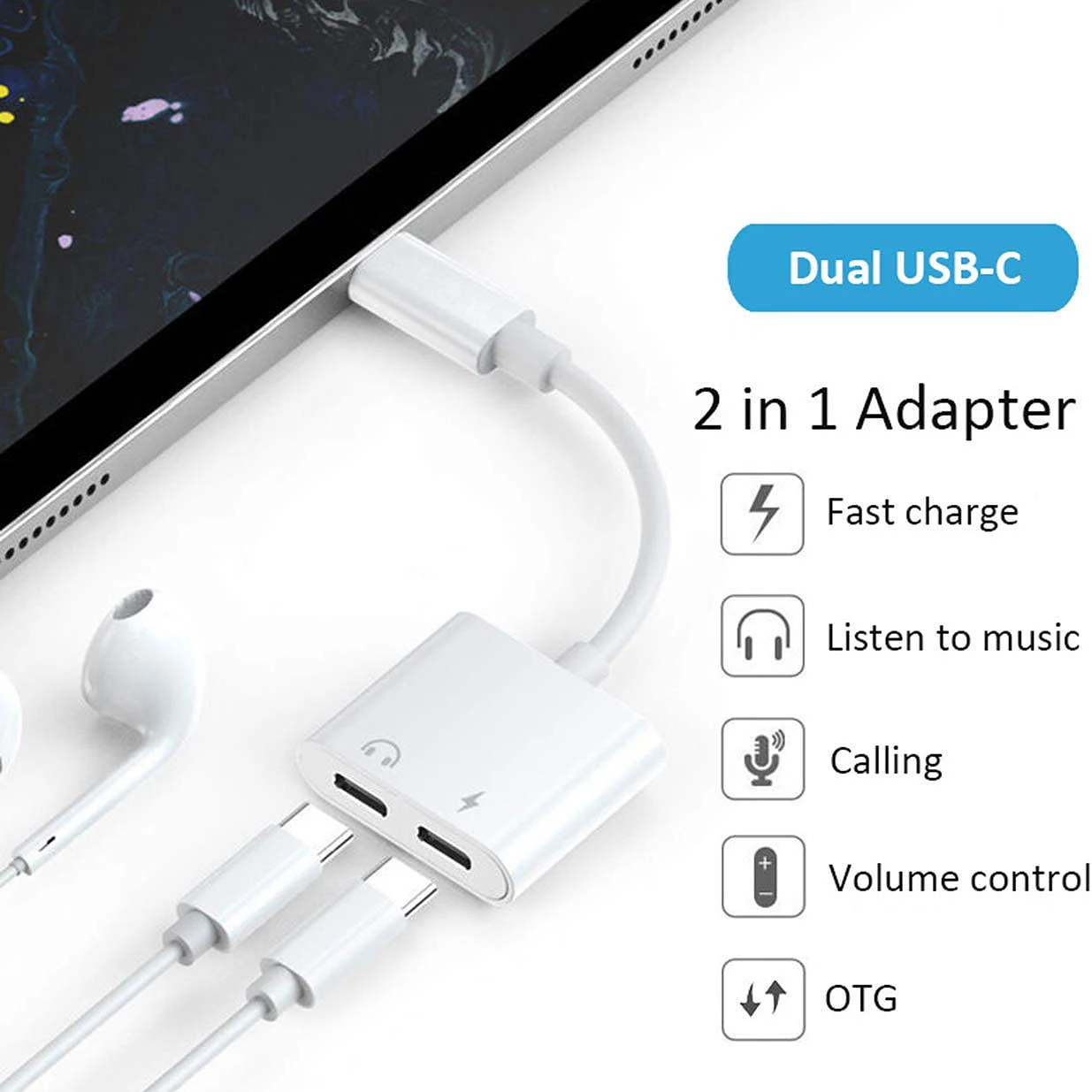 Dual Tipo C Adaptador de Auscultadores, USBC Splitter Jack, AUX Áudio, Conversor de Carregamento para Huawei, Samsung, Xiaomi, 2 em 1