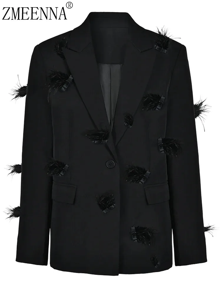 

ZMEENNA Black Nailed Feather Elegant Blazer Women New Lapel Long Sleeve Loose Fit Jacket Fashion Tide Spring Autumn 2024 XF2228