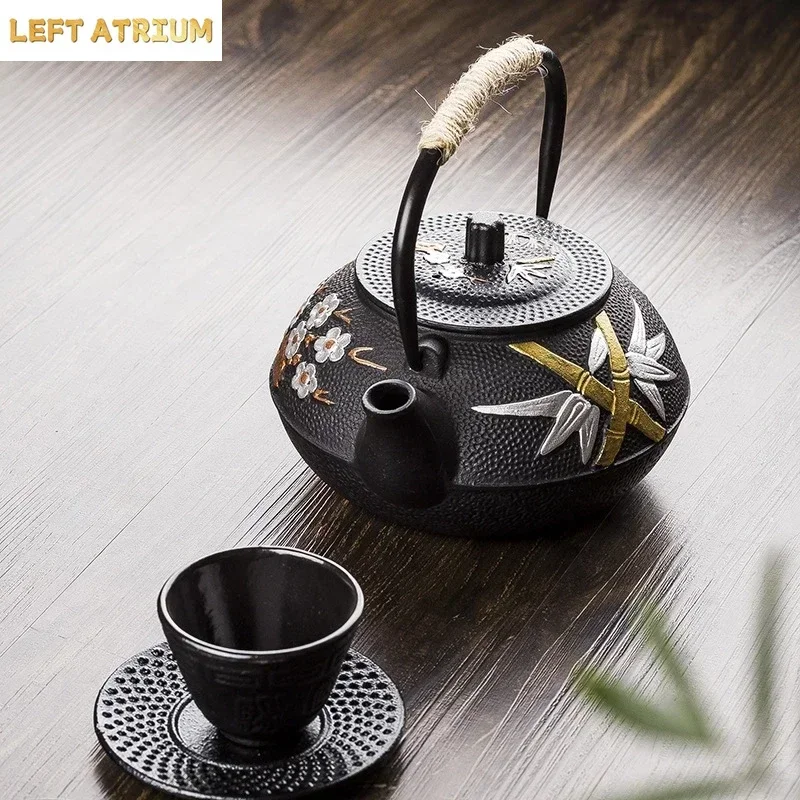 Japanese Tea Pot Exquisite Plum and Bamboo Painted Series Cast Iron Kettle Boiling Water Set with Strainer Pot