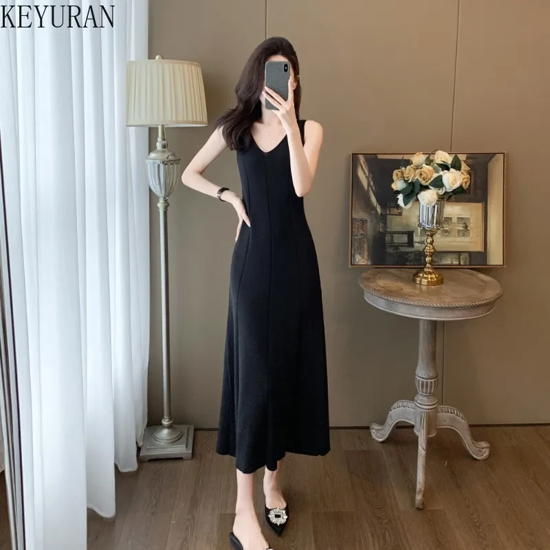 

2024 Summer Black Knitted Long Dress Women Elegant Fashion V Neck Solid Sleeveless Bodycon Party Evening Dresses Lady Vestidos