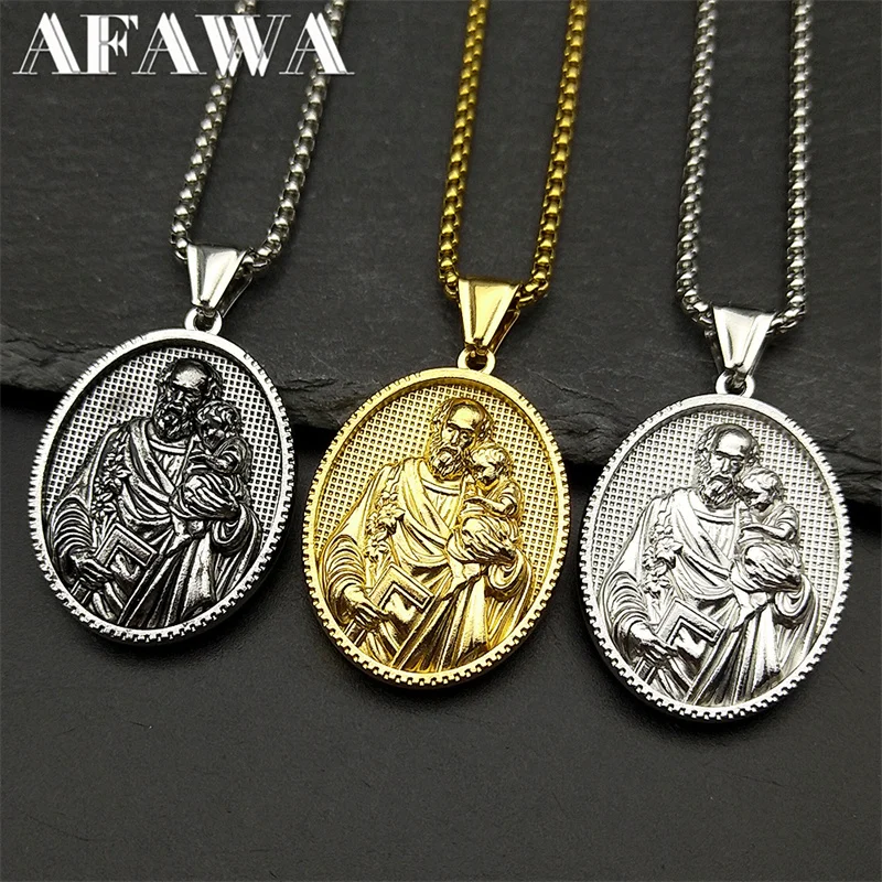 Christian Saint Joseph Baby Jesus Medal Pendant Necklace for Women Men Stainless Steel Gold Color Necklaces Amulet Jewelry Gift