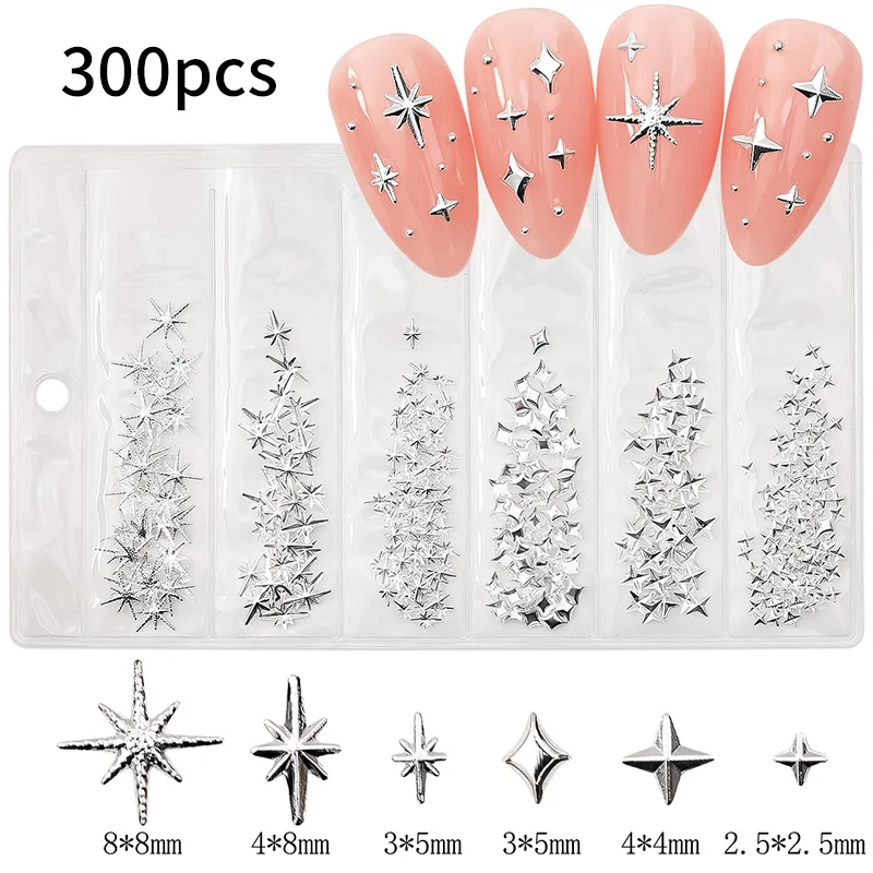 300 Stuks Willekeurige Mix Nagel Klinknagel Studs Goud/Zilver Sterren Lichte Nail Art Bedels Asterisme Starlight Accessoires Manicure Benodigdheden Set