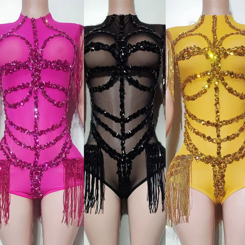 

Sequins Rhinestones Fringed Bodysuit Sexy Pole Dance Clothing Women Performance Jazz Dance Costume Festival Outfit XS10126