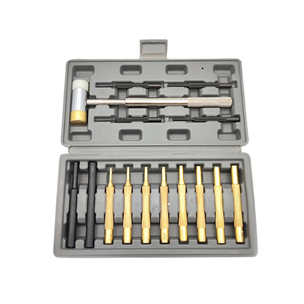 Efficient 15 Piece Roll Pin Punch Set with Organized Plastic Case and Removable Dual Head Hammer for Precision Work