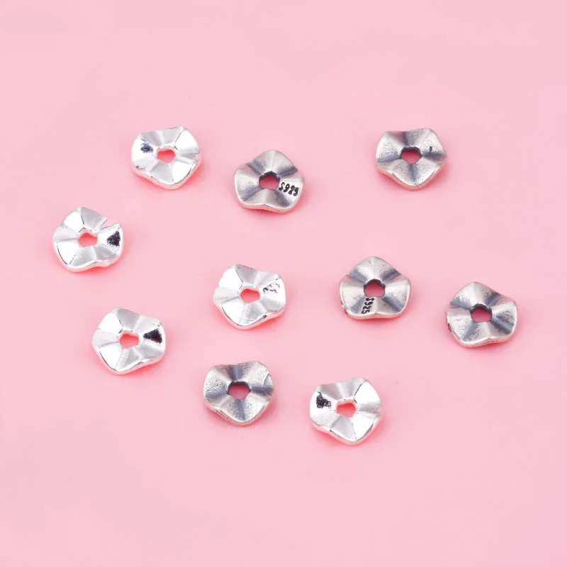 5PCS 925 sterling silver vintage irregular smooth round piece corrugated shim handmade DIY beaded material bracelet jewelry