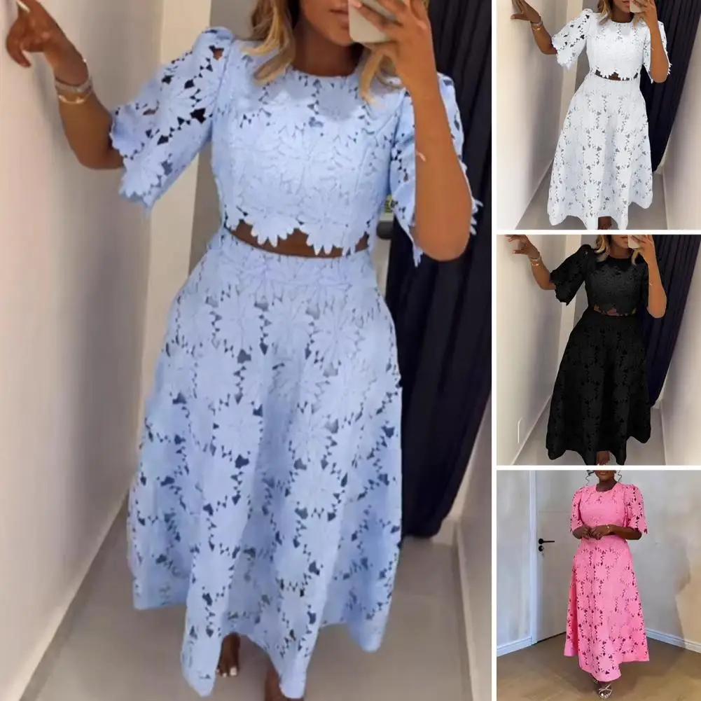 Elegant Hollow Out Women's Long Dresses Short Sleeves Embroidery Dress 2025 Spring Summer Female Solid Robe