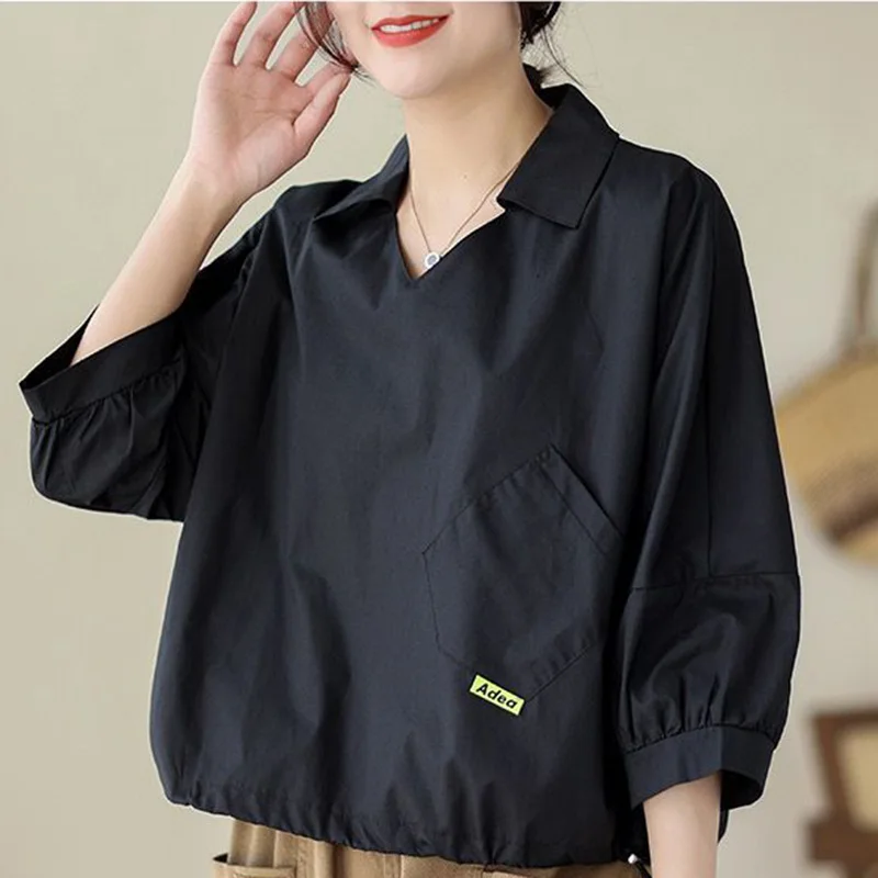 Fashion Solid Color Pockets Folds Asymmetrical Blouse Women\'s Clothing 2023 Autumn New Casual Pullovers All-match Commute Shirt