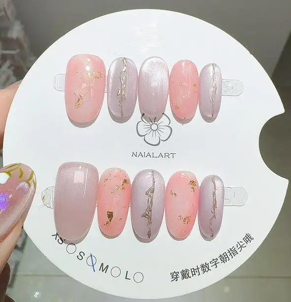 

10PCS Purple Cat Eye Handmade Short Oval Press on Nails Full Cover Pink Gradient Golden Pattern Fake Nail Wearable Nail Tips Art