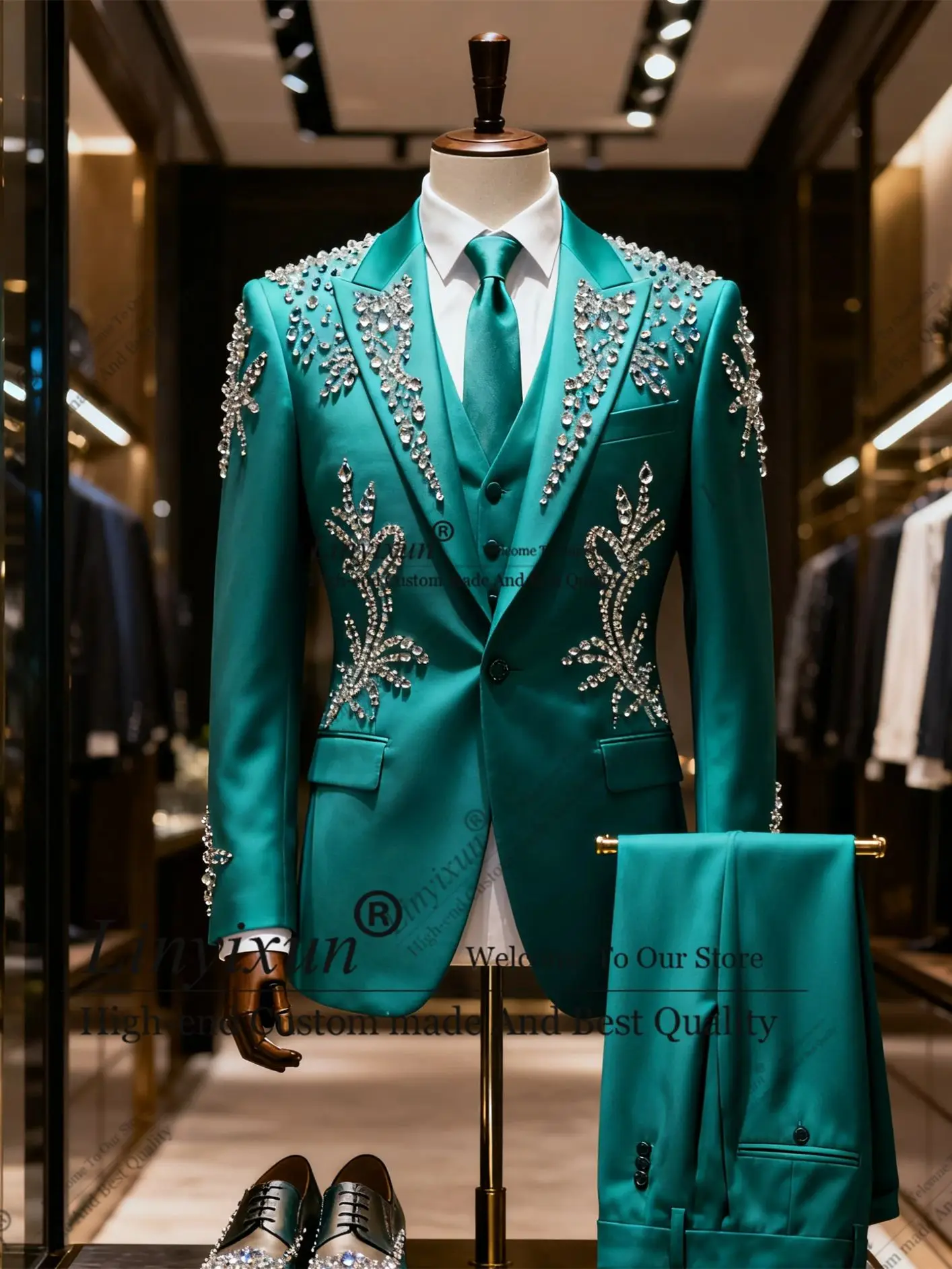 

Elegance Diamond Ornament Tuxedos Men Suits 3 Pieces Sets Groom Slim Fit Male Prom Blazers Customized Wedding trajes para hombre