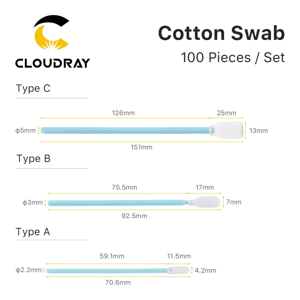 Cloudray 100pcs/Lot Size Nonwoven Cotton Swab 70.6mm 92.5mm 151mm Dust-proof For Clean Focus Lens And Protective Windows