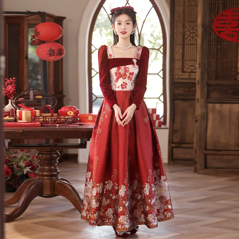 

Burgundy Bridal Toasting Attire Cheongsam Elegant Velvet Chinese Style Dresses Gown Jacquard Qipao Wedding Banquet Vestidos