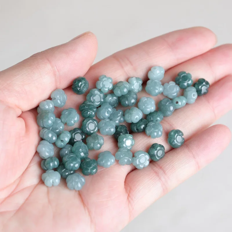 10Pcs Natural Blue Water Jadeite Flower Loose Beads Hand Carved Gemstone Spacer Beads for DIY Bracelet Necklace Making Supplies