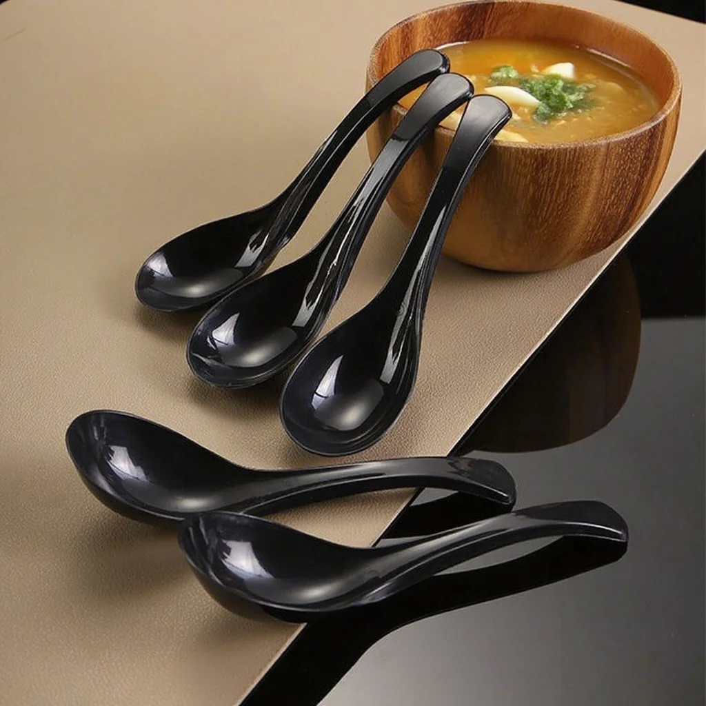 Cuchara de plástico negra con mango largo, cuchara antideslizante para remover, sopa, arroz, salsa de soja, utensilios de cocina para el hogar, 6 uds.