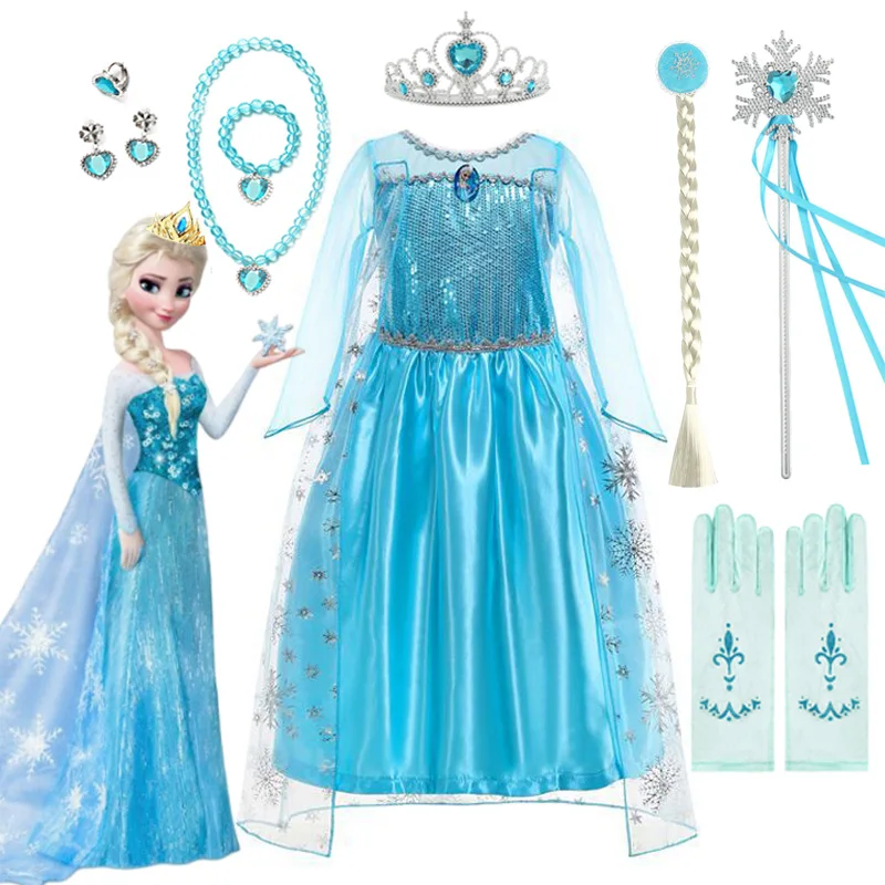 Disney-Robe de princesse Elsa pour filles, manches longues, anniversaire pour enfants, cosplay, costume congelé, paupières, carnaval, habillage, costume de fête, 2024