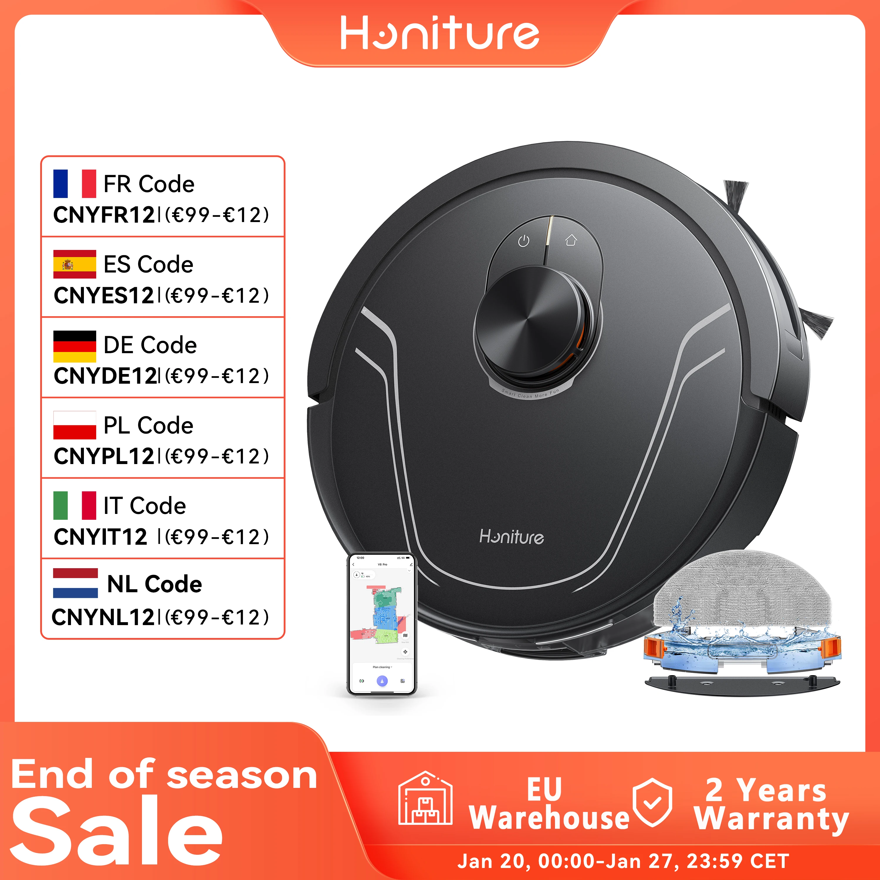 HONITURE Robot Vacuum and Mop Combo Laser Navigator Robotic Vacuums 5000Pa Max Suction 180 Mins Self-Charging App Control