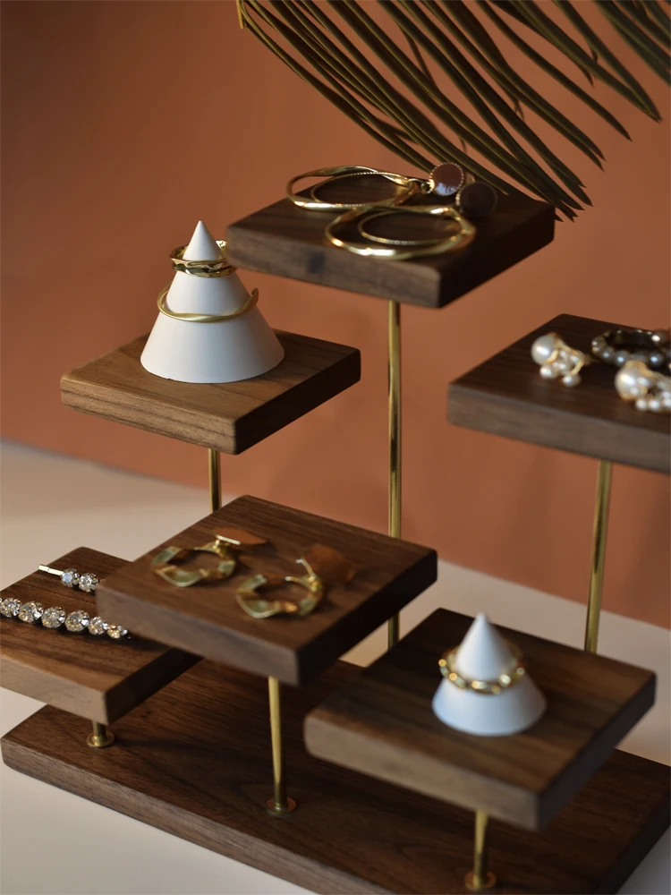 Black Walnut Wood Jewelry Stepped Display Stand – Storage Rack for Earrings, Rings, Suitable for Home Use or Jewelry Shops