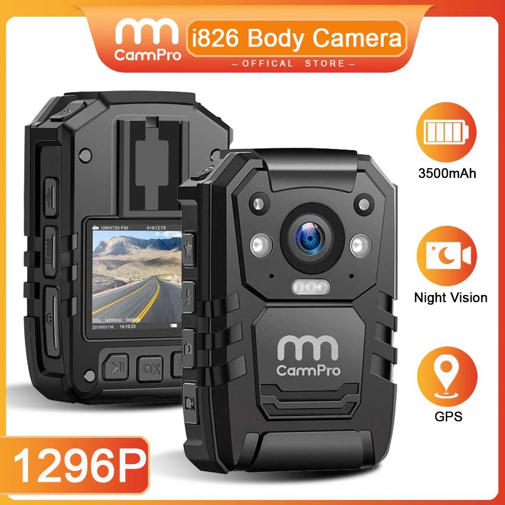 CammPro i826 Police Body Cam 1296P HD 128GB Premium Portable Body Worn Camera Recorder IP66 Waterproof With GPS Night Vision