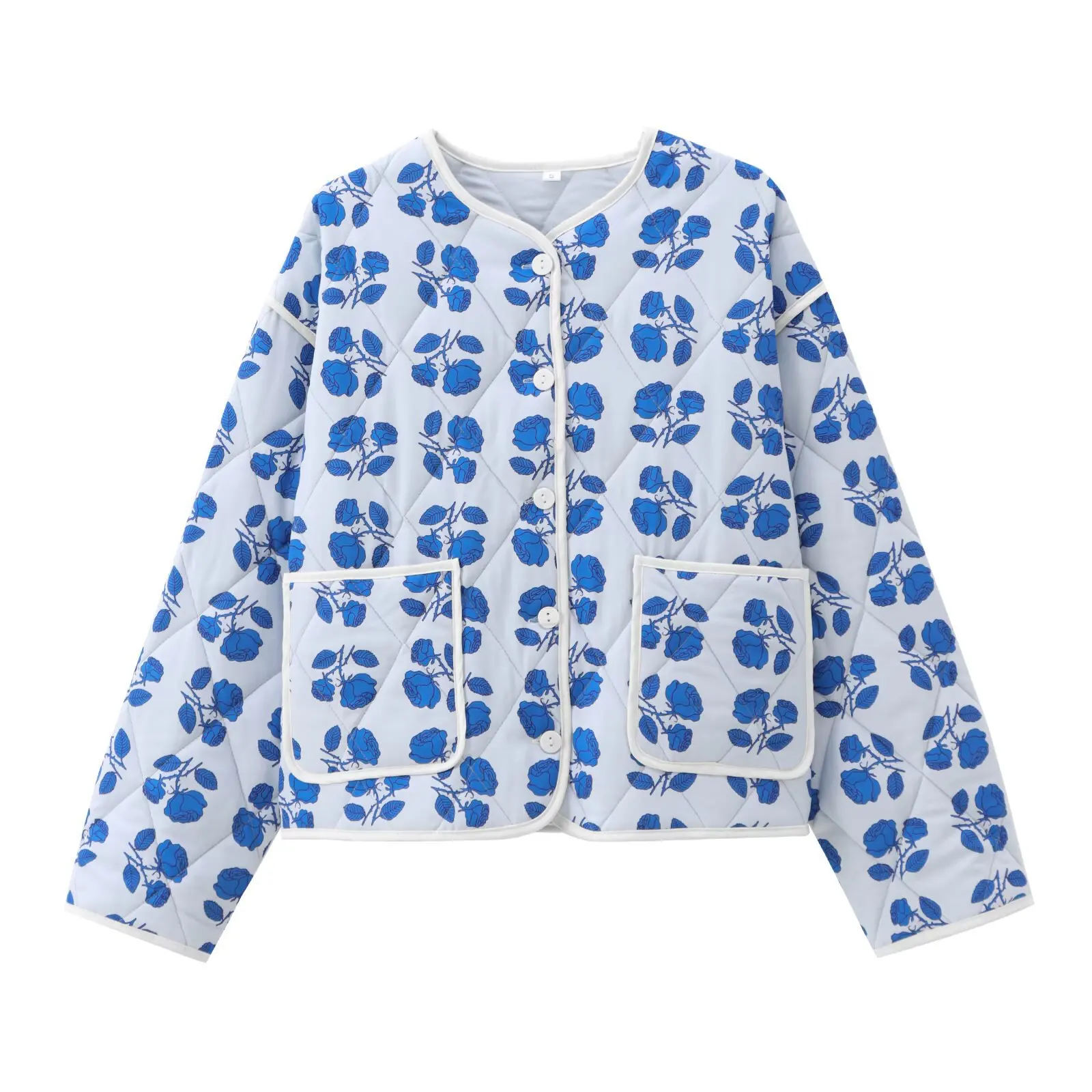 

Female Fashion Outwear Jacket Vintage Style O Neck Print Women Cotton Padded Jacket Women Long Sleeve Loose Pocket Winter Coat