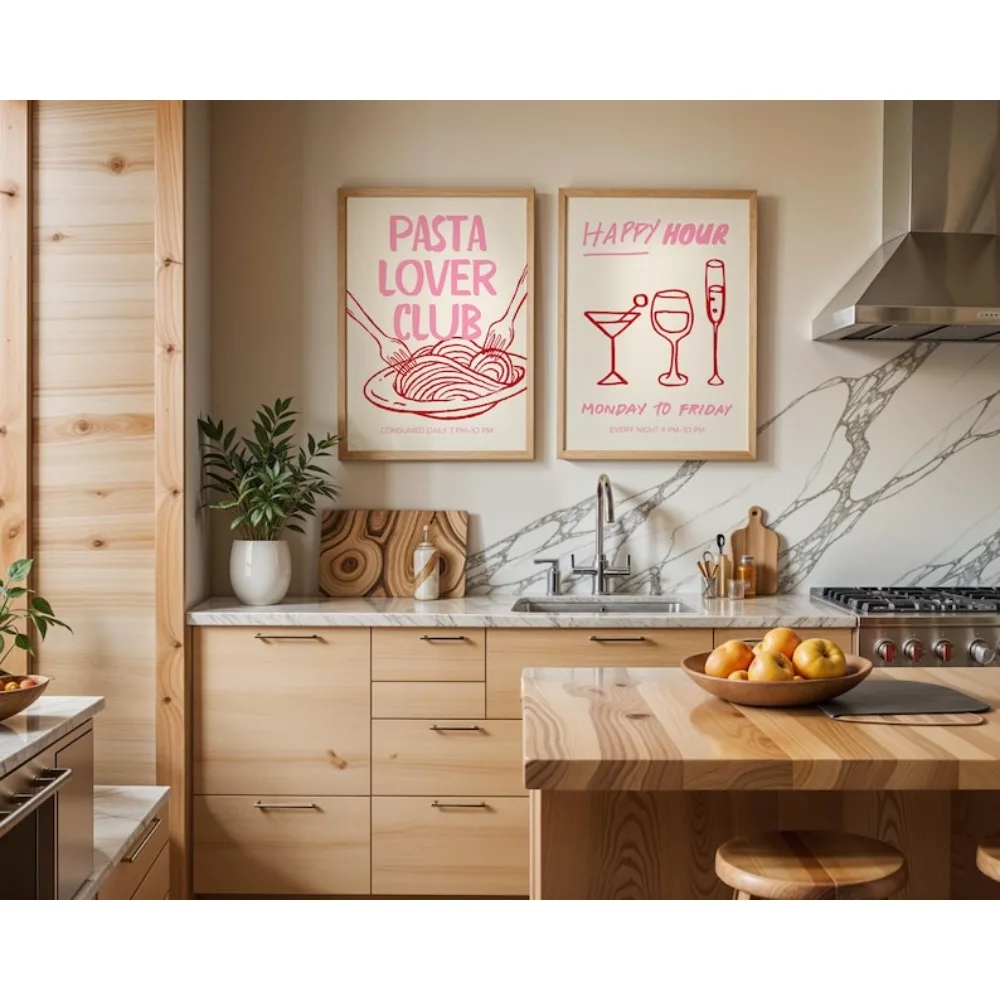 فن جداري من Cin Cin Cheers، ملصق كوكتيل على شكل ساعة سعيدة وردية، طباعة طعام إيطالية لنادي عشاق المعكرونة، ديكور مطبخ حديث بدون إطار #4