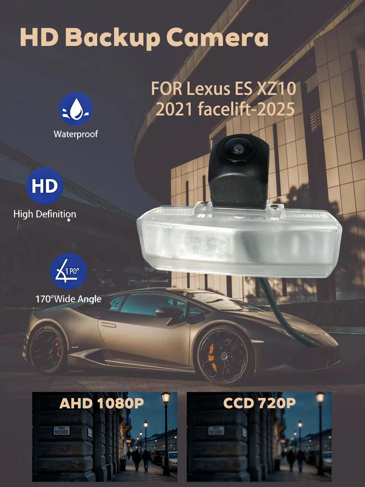 

Для Lexus ES XZ10 2021-2025: HD водонепроницаемая камера заднего вида с ночным видением (CCD 720P и AHD 1080P)