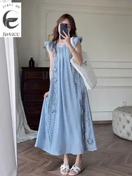 2024 French Retro Summer Gentle New Product Embroidered Small Flying Sleeves French Waist Wrap Dopamine Blue Designer Dress