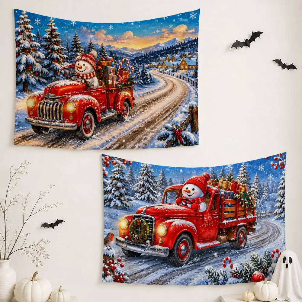 Snowy Christmas Scenes Tapestry Custom Living Bedroom Party Dormitory Interior Wall Bohemian Decoration Attached Clip