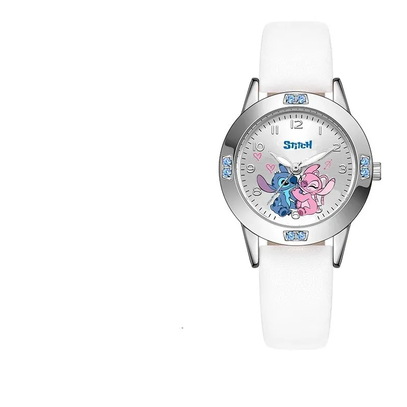 Montres Disney CAN o & Stitch pour filles, diamant, montre à quartz, dessin animé mignon, bracelet en cuir, ceinture en acier, cadeau pour enfant, mode