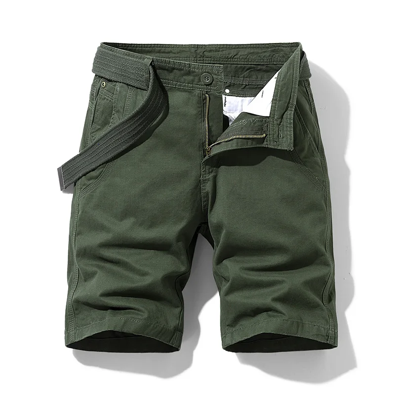 Traveling Comfy Breathable 100% Cotton Male Knee Length Shorts Straight Solid Casual Mid-Waist With Belt Safari Shorts For Man