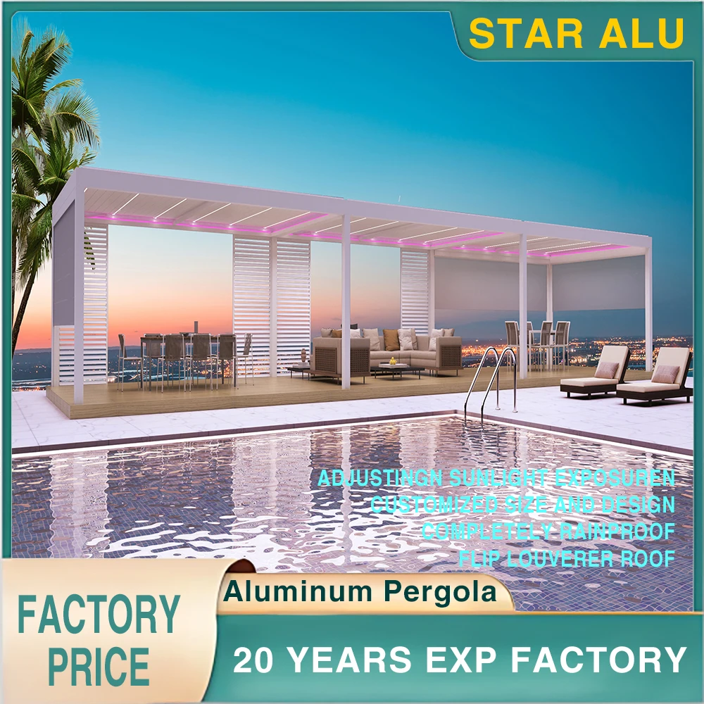 Bioclimatic Aluminum Motorized Louvered Pergola Zip Screen Sliding Glass Doors Waterproof Gazebo Pool Garden Patio Custom