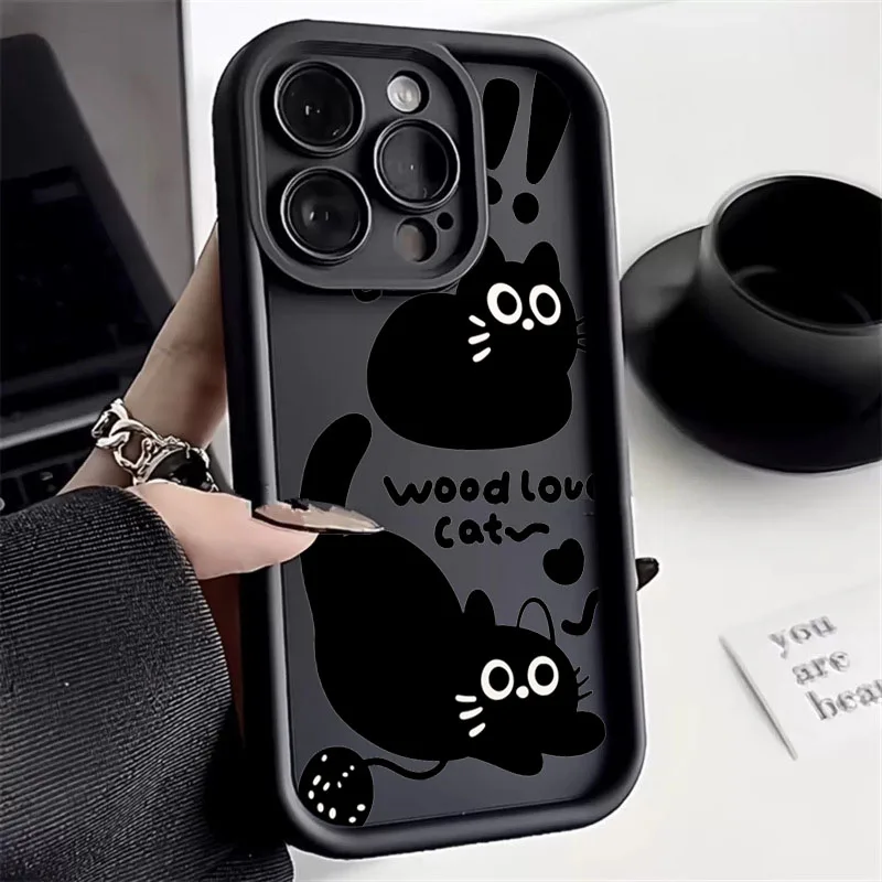 Cute Cartoon Black Cat Silicone Phone Case For iPhone 15 Pro Max 14 13 12 11 XS Max X XR 7 8 Plus SE 2020 Shockproof Soft Cover