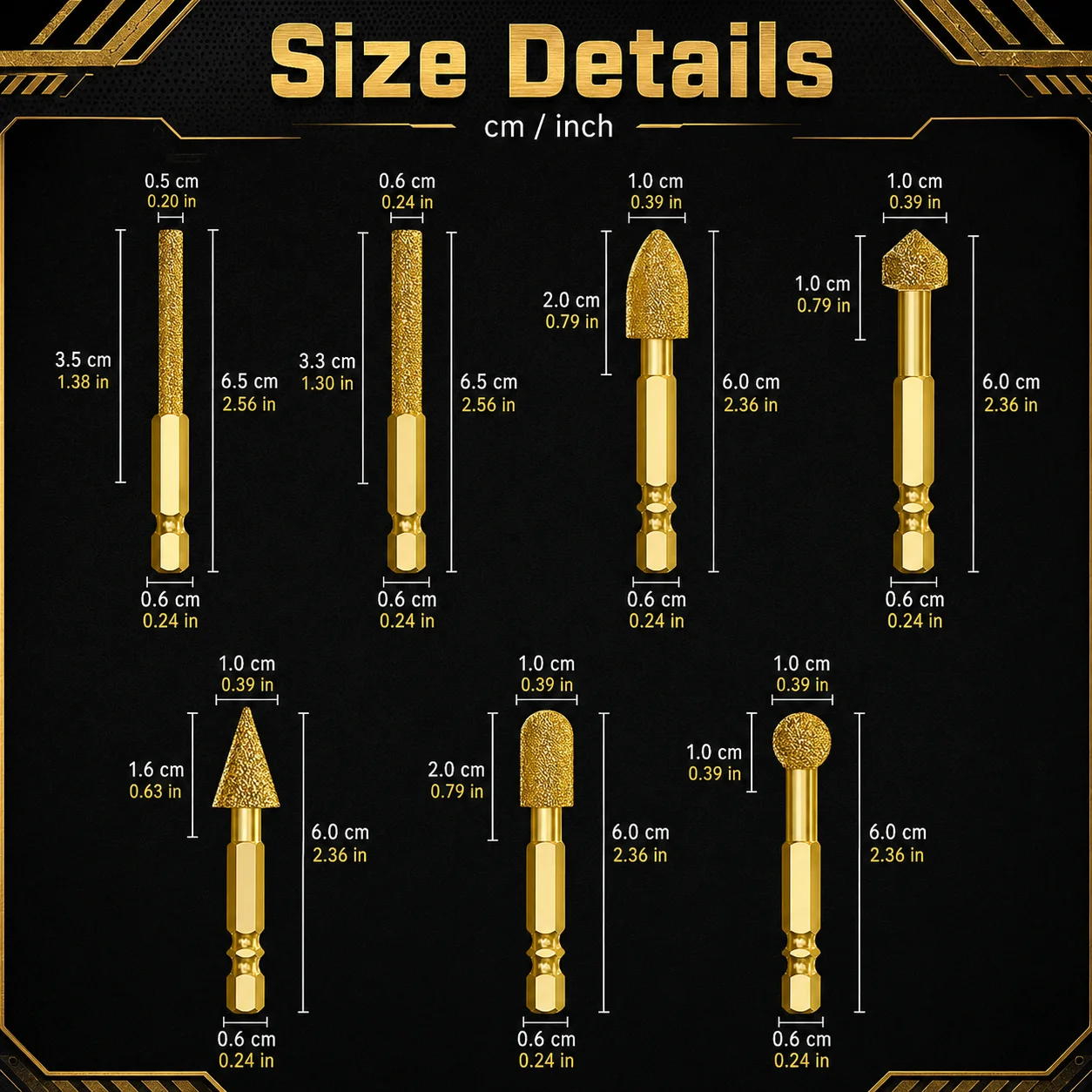 7Pcs Gold Diamond Burr Set 1/4