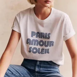 Paris Amour Soleil Letters Printing French Vintage Style White T Shirts Women Short Sleeve Loose Cotton Summer Tops Chic Tees