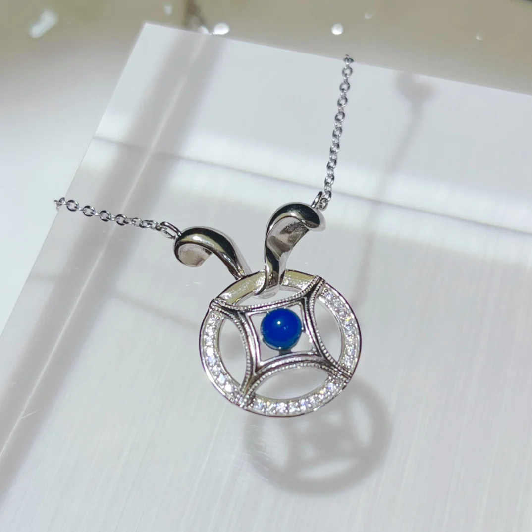 

Cute Rabbit Ear Design Pendant 925 Silver with Zirconia and 4mm Blue Amber Heart Love Gift for Wife Valentine's Day Present