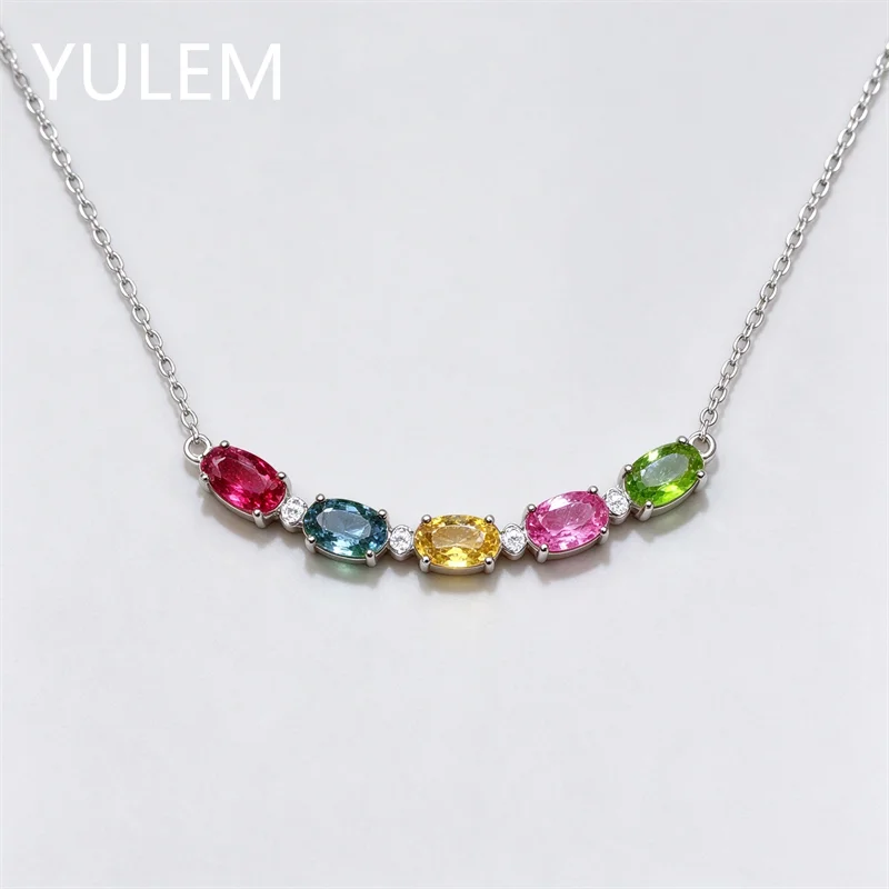 YULEM  Natural Colorful Tourmaline 4*6mm Smile Necklace S925 Sterling Silver Oval Gemstone Women Fine Jewelry