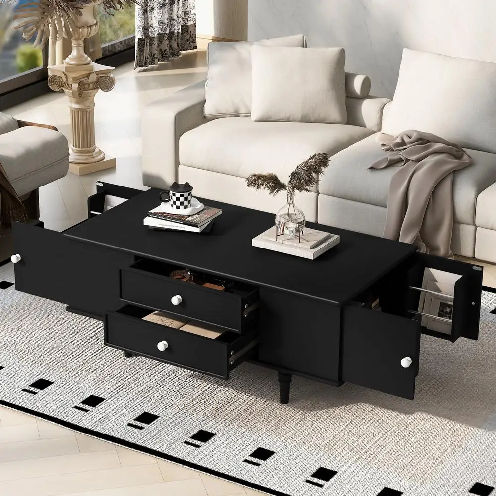 

Modern Rectangle Coffee Table 47.2" Wood Storage Table with 4 Drawers Hidden Side Compartments Solid Wood Legs for Living Room