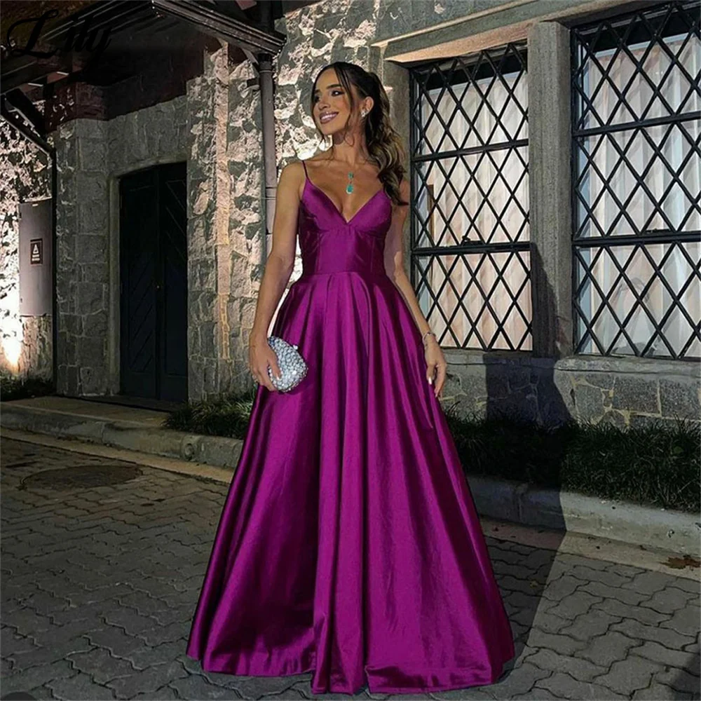 

Lily Fuchsia Stain Chic Woman Evening Dress Gown Spaghetti Strap V Neck Ball Gown Backless Night Dresses Gown robes de soirée