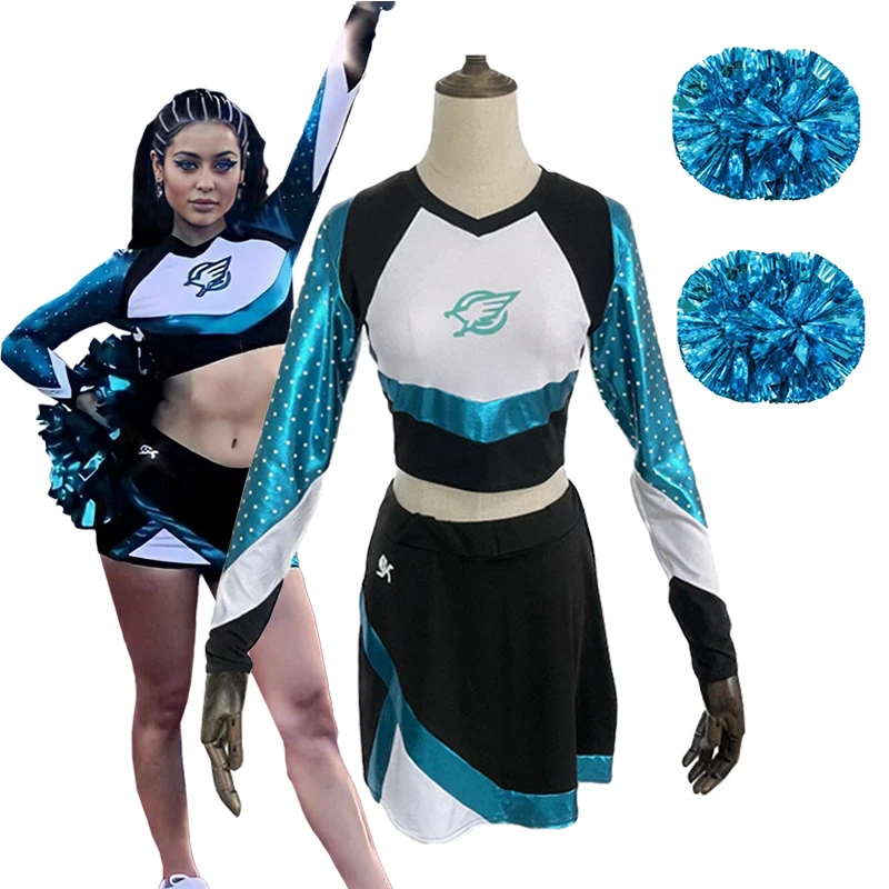 

Euphoria Cheerleader Uniform Maddy Cosplay Costume Women Blue Crop Top Mini Skirt Pom Poms High School Girl Cheerleading Outfit