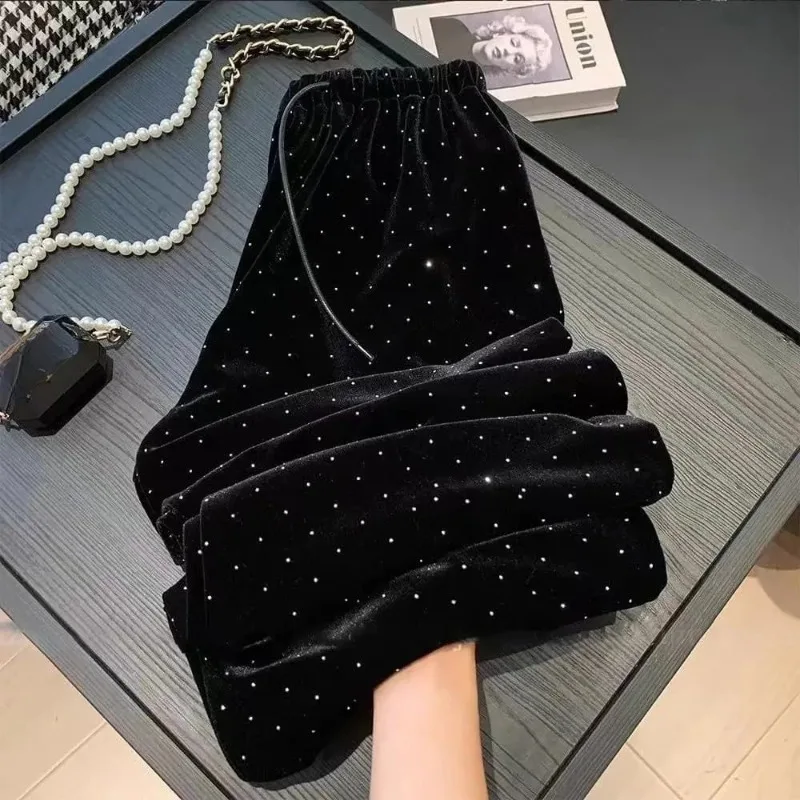 

Большие бархатные брюки с тиснением бриллиантов, женские осенне-зимние новые флисовые свободные утягивающие повседневные широкие брюки с высокой талией