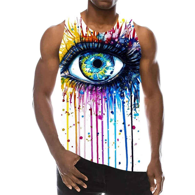 3D Gradient Tie-dye Graffiti Men's Tank Tops Summer Error Bloody Eye Print Sleeveless T-shirt Loose Casual  Sports Male Vest