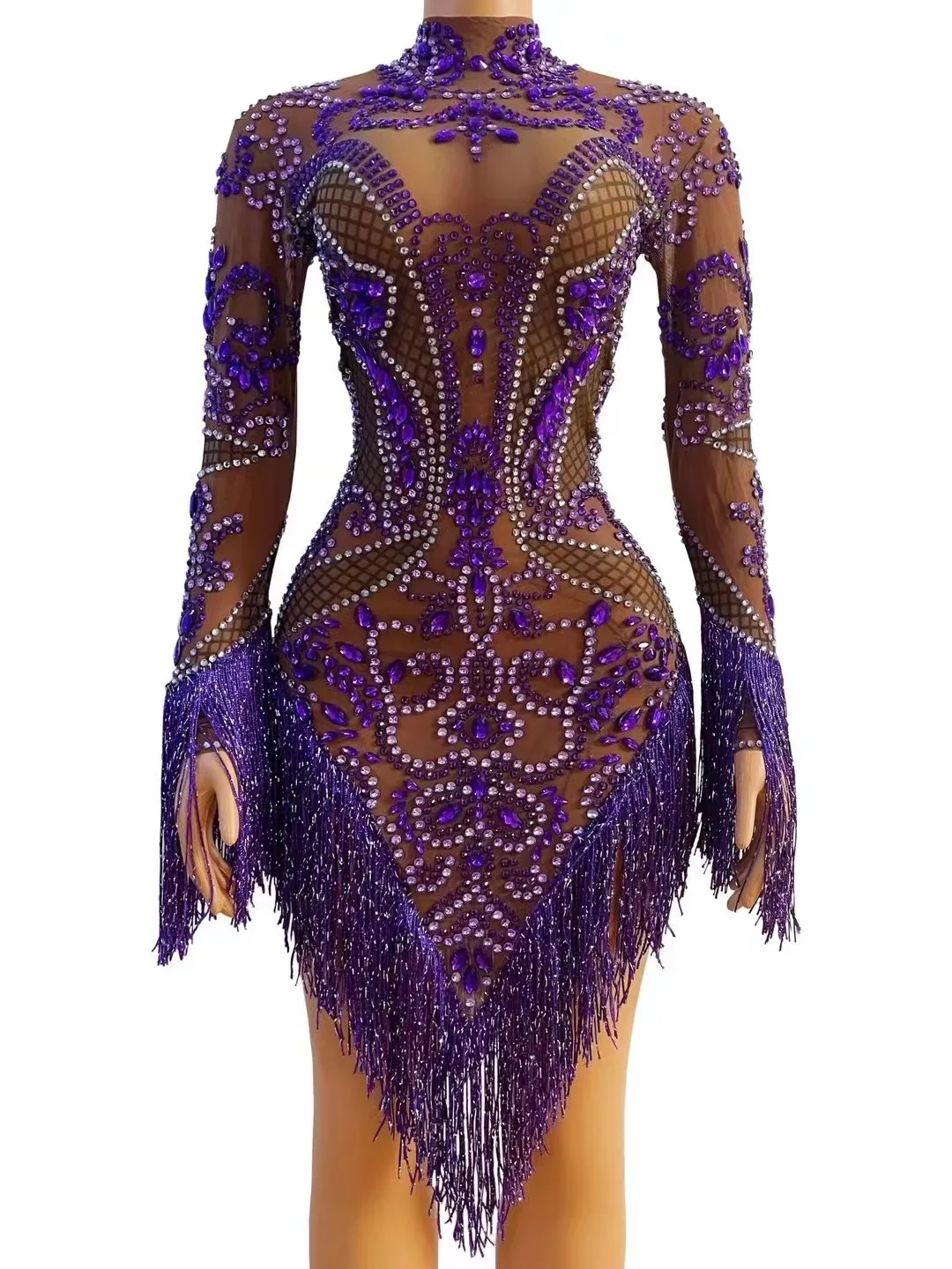 

Fashion Purple Rhinestones Mesh Transparent Dress Women Singer Birthday Evening Celebrate See Through Sexy Dance Party Dresses