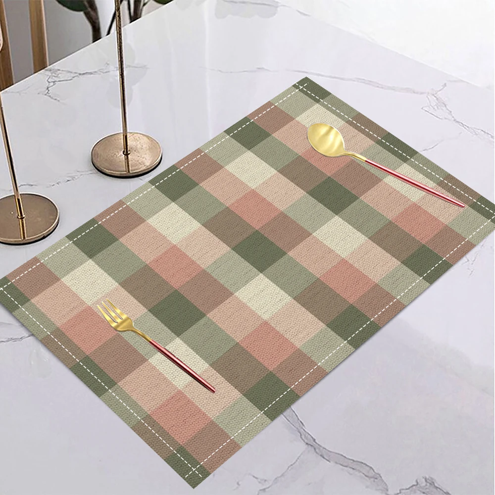 Elegant Plaid Pattern Table Mat Set Green Pink Beige Checkered Placemat Waterproof Washable Kitchen Dining Decor Linen Meal Mat
