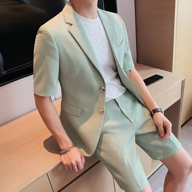 (Jacket+Shorts) Korean New Style Men In The Summer Leisure Short Sleeve Suits/Male Design Slim Fit Fashion Blazers Men S-4XL