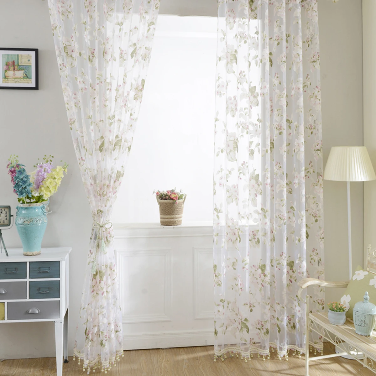 

Semi Sheer Curtains Home Decor Door Scarf Window Valance Screen Drapes Living Bedroom Flower Print Polyester Fabric