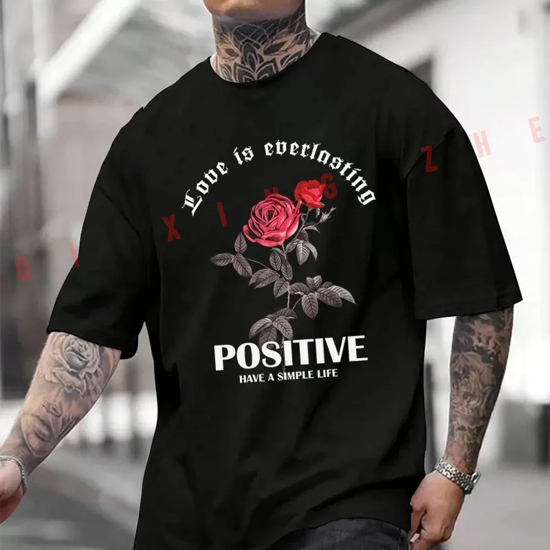 

Rose Flower Positive Print Motorcycle Printed T-Shirt Men's Fashion Short Sleeve Exquisite Design Essential Top Tees