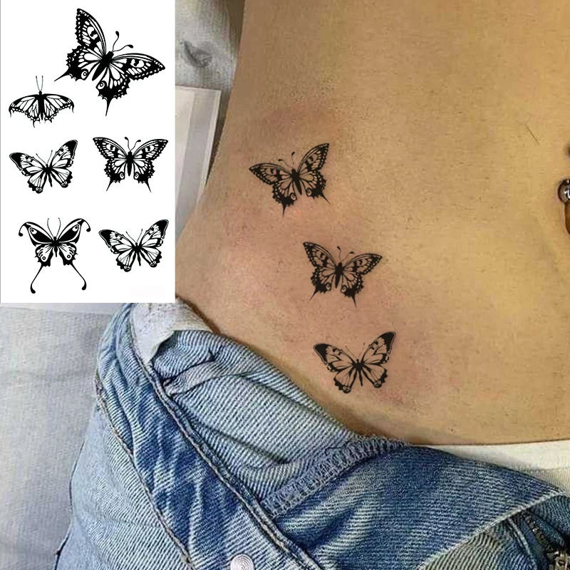 

Tattoo Stickers Sexy Black Butterfly Belly Hand Foot Arm Fake Tatto for Women Men Waterproof Temporary Makeup Body Art