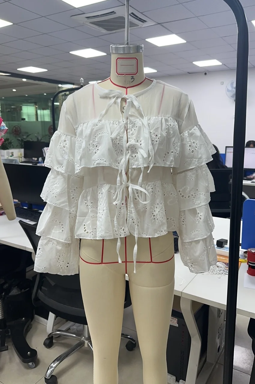 

Women Spring Summer Solid Elegant Ruffles See Through Shirts Hollow Flower Embroidery Flare Long Sleeve Tie-up Loose Blouse Tops