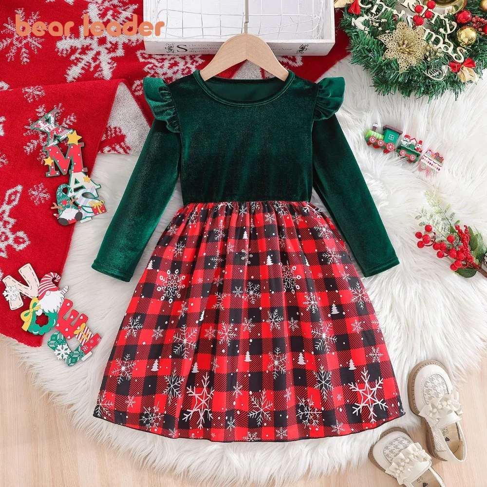 

Bear Leader Christmas Children's Clothing Autumn Long Sleeved Girl Dresses Snowflake Checkered Printed Patchwork Princess Dress