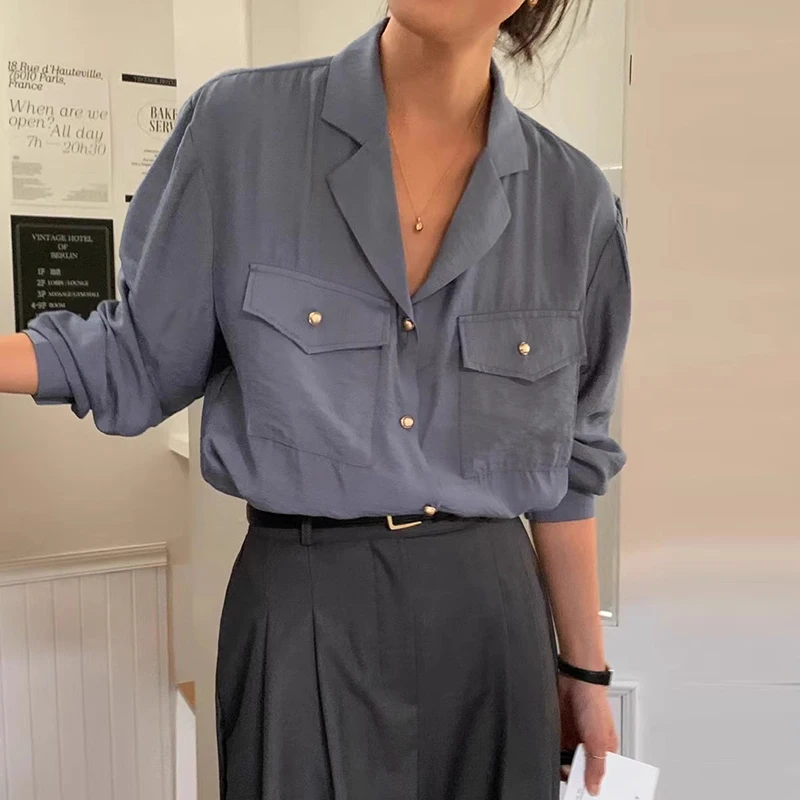 Chic Vintage Sle Long Sve Metal Button Loose Fit Suit Collar Women's irt Versatile Double ket Design for Autumn