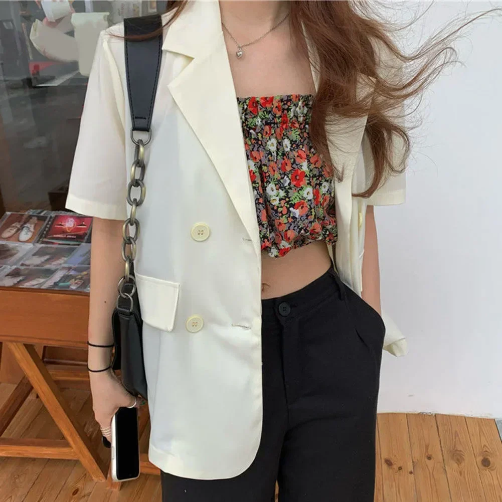 Simple Street Casual Blazers Women Loose Jacket Female Tops Lapel Loose Short Sleeve Single Breasted Button Closure