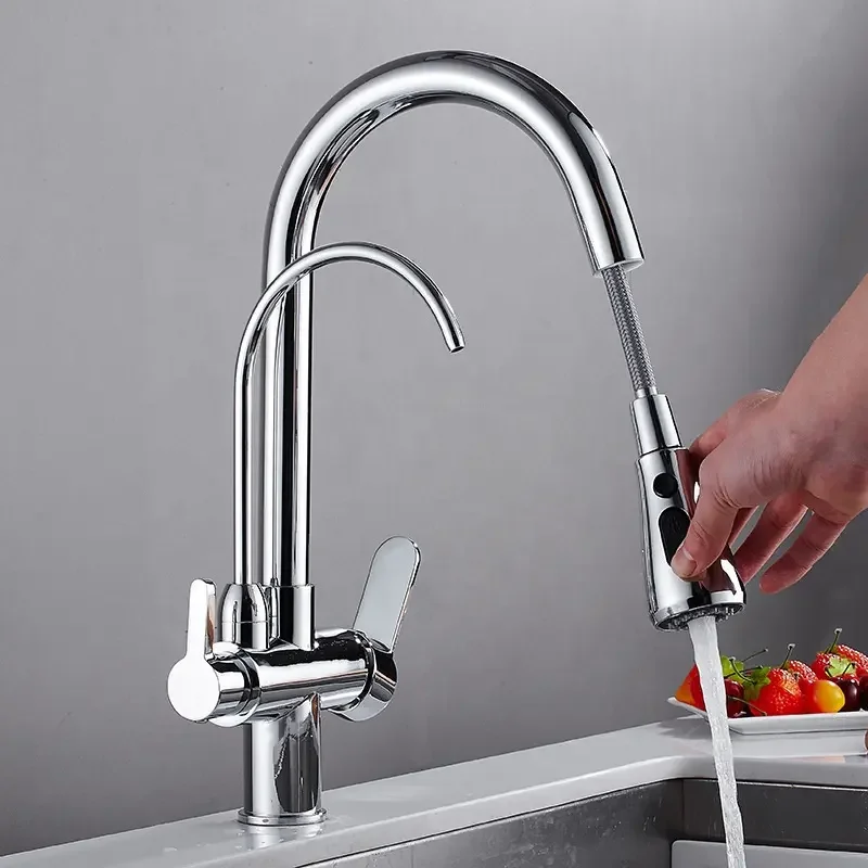 Luxury Stainless Steel Water Filter Brass Faucet Pull Out Spray Kitchen Faucet Mixer Tap Nickel Kitchen Sink Faucets